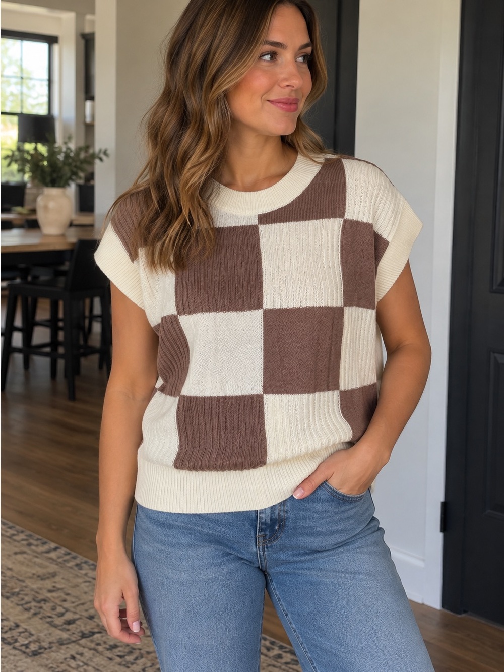 Cream & Brown Checker Knit Sleeveless Top